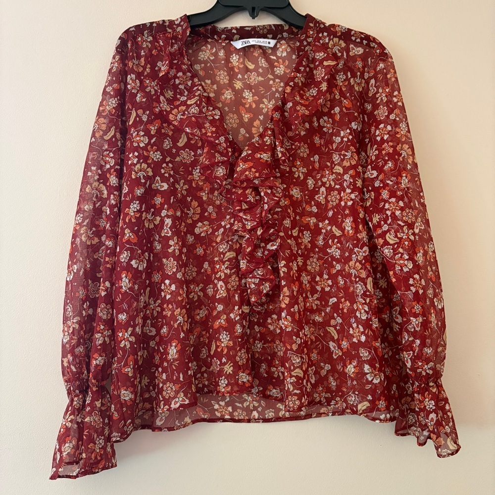 Zara Red Floral Sheer Ruffle Blouse Medium V Neck Boho Chiffon